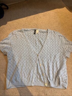 Light Blue Short-Sleeve Knit Cardigan Sweater